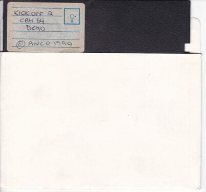 A floppy disk labeled Kick Off 2 CBM 64 Demo Anco 1990