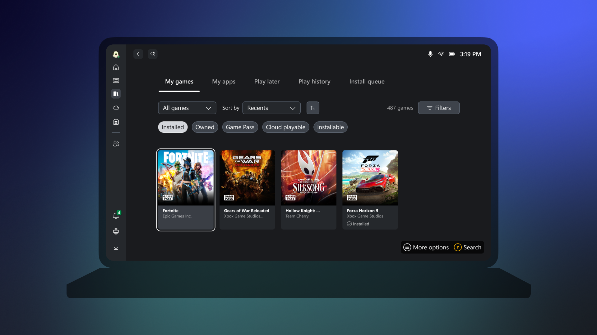 A laptop displaying the Xbox App library interface