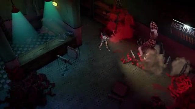 54:Top-down gameplay footage of the protagonist engaging a large, grotesque monster in a messy dining hall.