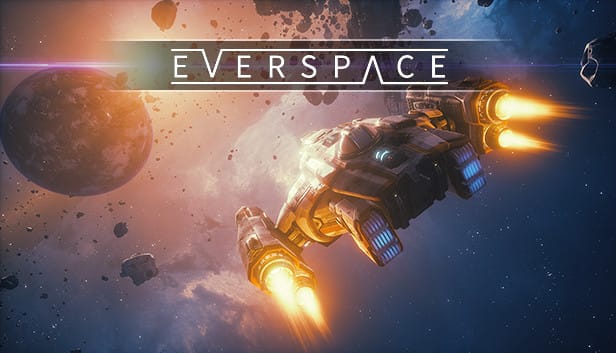 Everspace spaceship flying through an asteroid field with explosions in the background