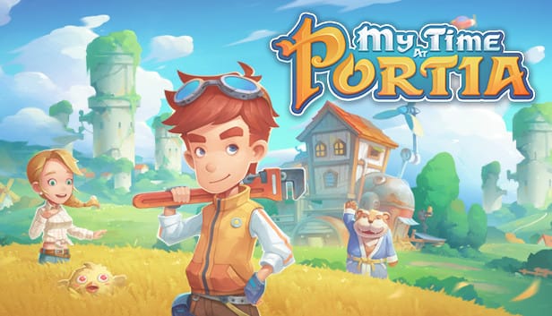 My Time At Portia character standing in a grassy field holding a tool