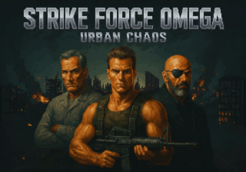 Gameplay screenshot of Strike Force Omega showing pixel art urban combat