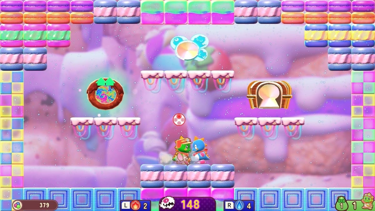 Gameplay screenshot showing Bubblun in a dungeon room with various items and enemies