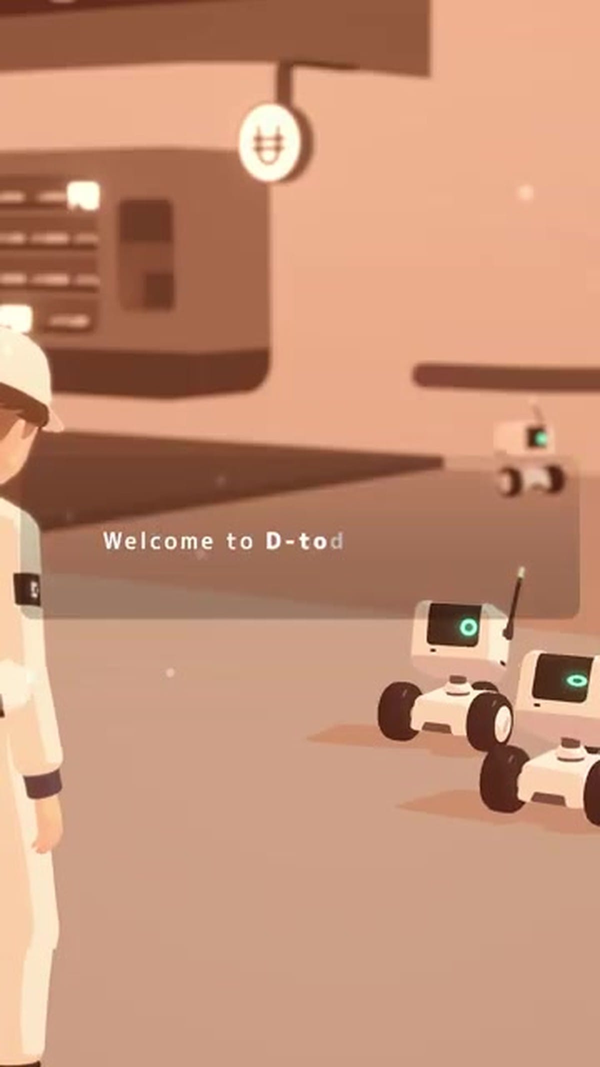 A dialogue scene featuring the protagonist and two small, boxy robots in a minimalist environment.