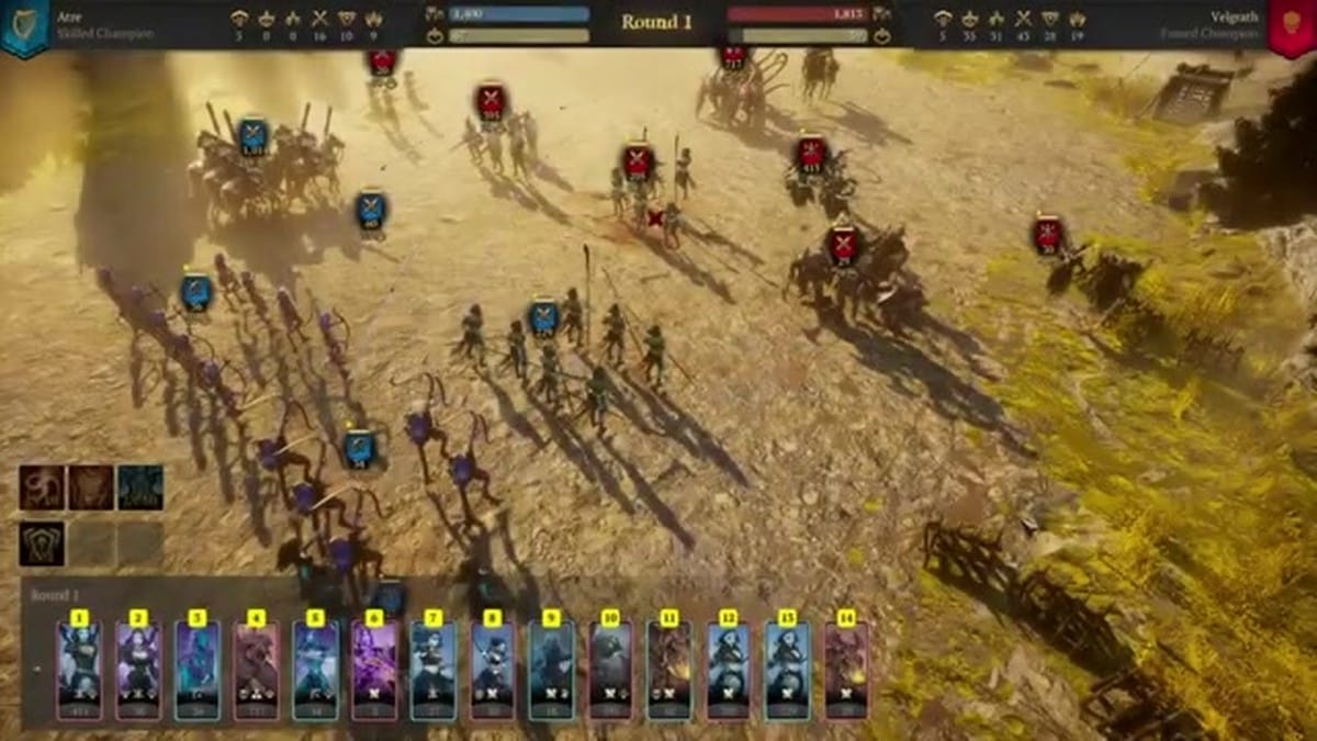 A close-up of the turn-based combat screen featuring unit cards and a hex-based grid.