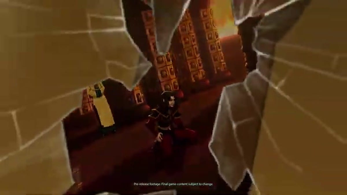 A cinematic shot of Azula looking into a cracked mirror, seeing her mother Ursa.