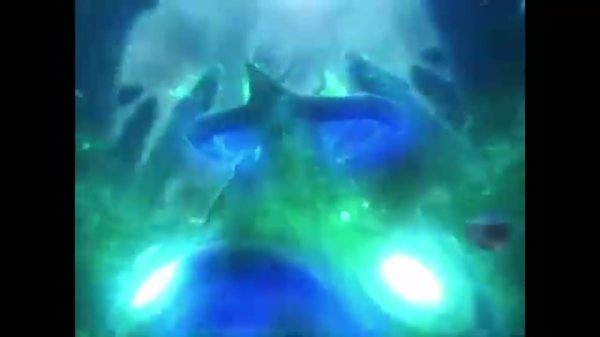 Glowing green and blue energy manifestation of Omega