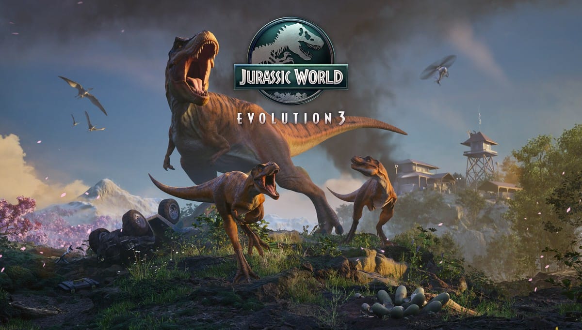 A large dinosaur roaring in a lush jungle enclosure in Jurassic World Evolution 3