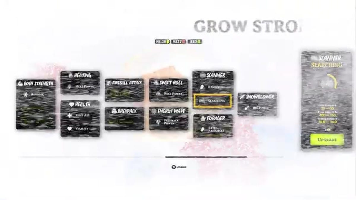 The 'Grow Stronger' upgrade menu showing various skills like Body Strength, Heating, and Fireball Attack.