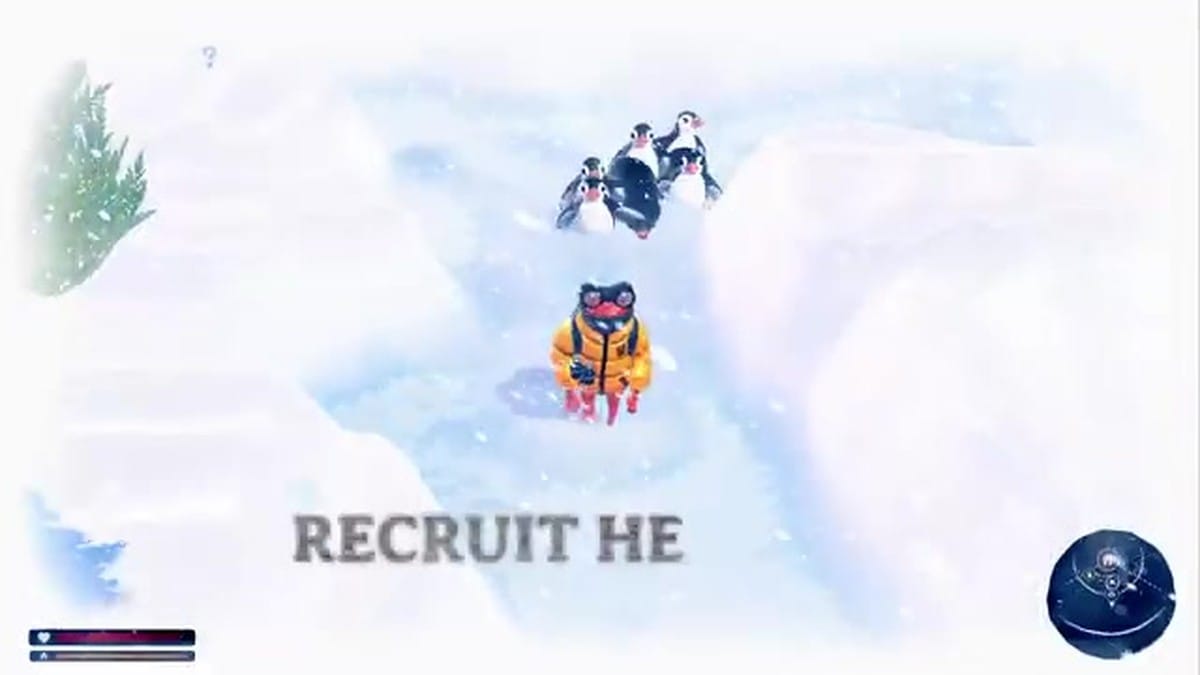 The frog character leading a line of penguins carrying resources.