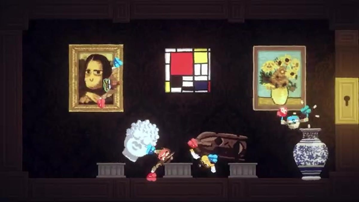 Gameplay in a kitchen level featuring a blender and food items.