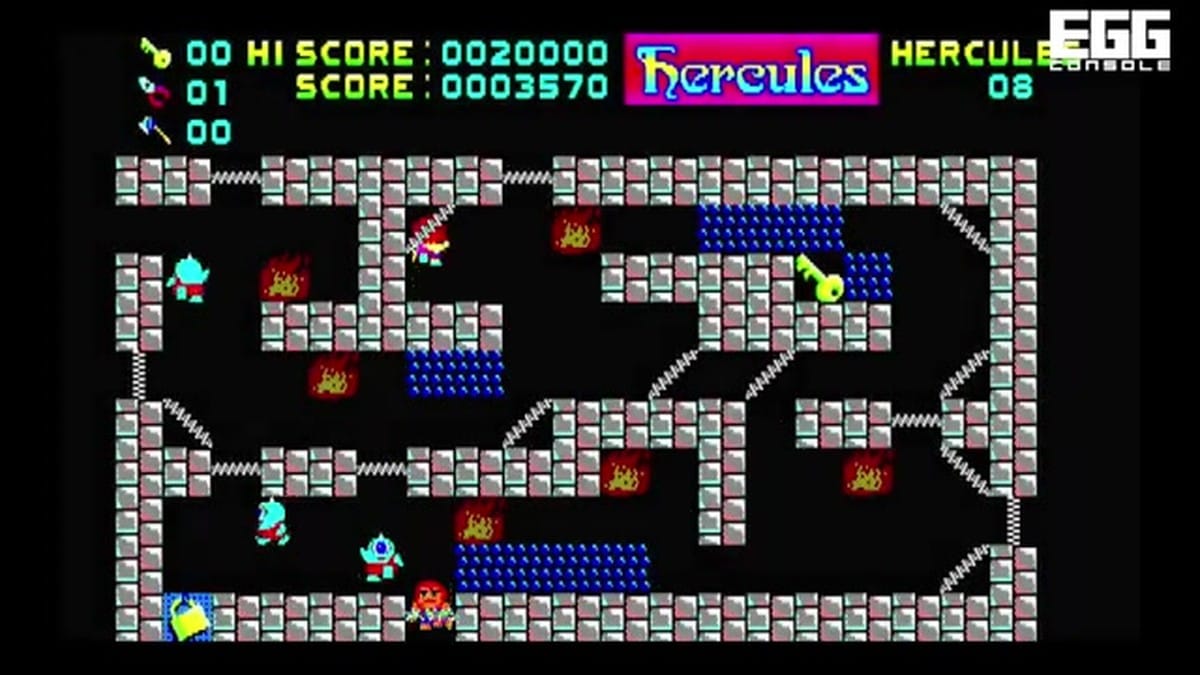 Gameplay from Level 8, featuring more complex hazards like fire and springboards.