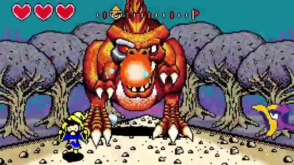 A large red dragon boss breathing fire at the player character