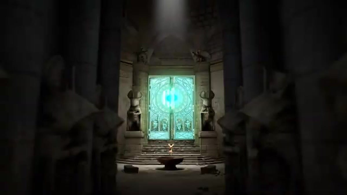 A wide shot of a massive, sun-drenched cathedral-like library filled with greenery.