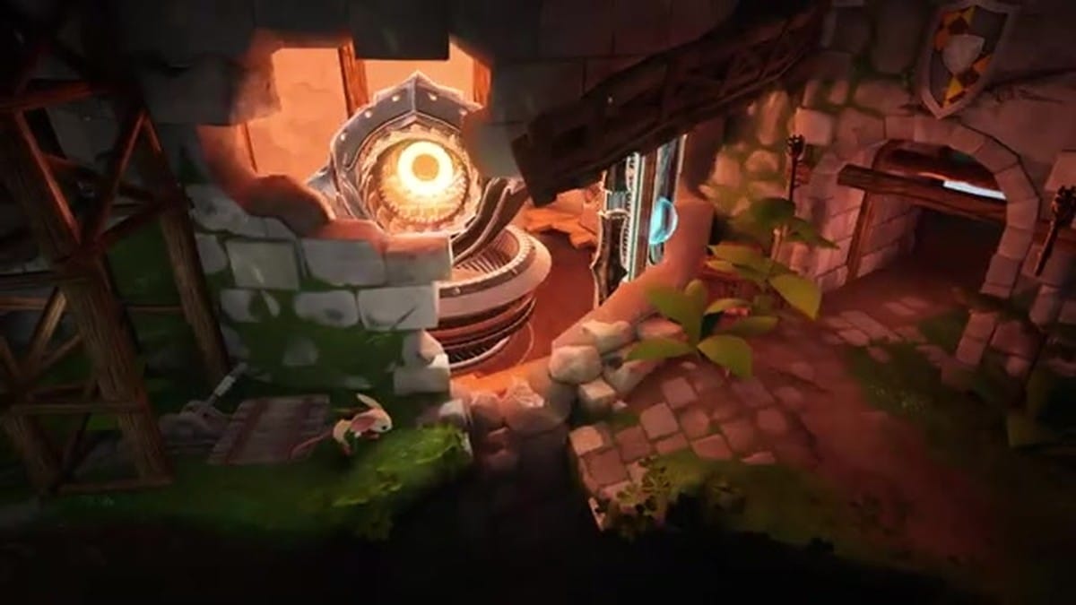 Quill stands before a swirling, mechanical portal emitting a bright blue light.