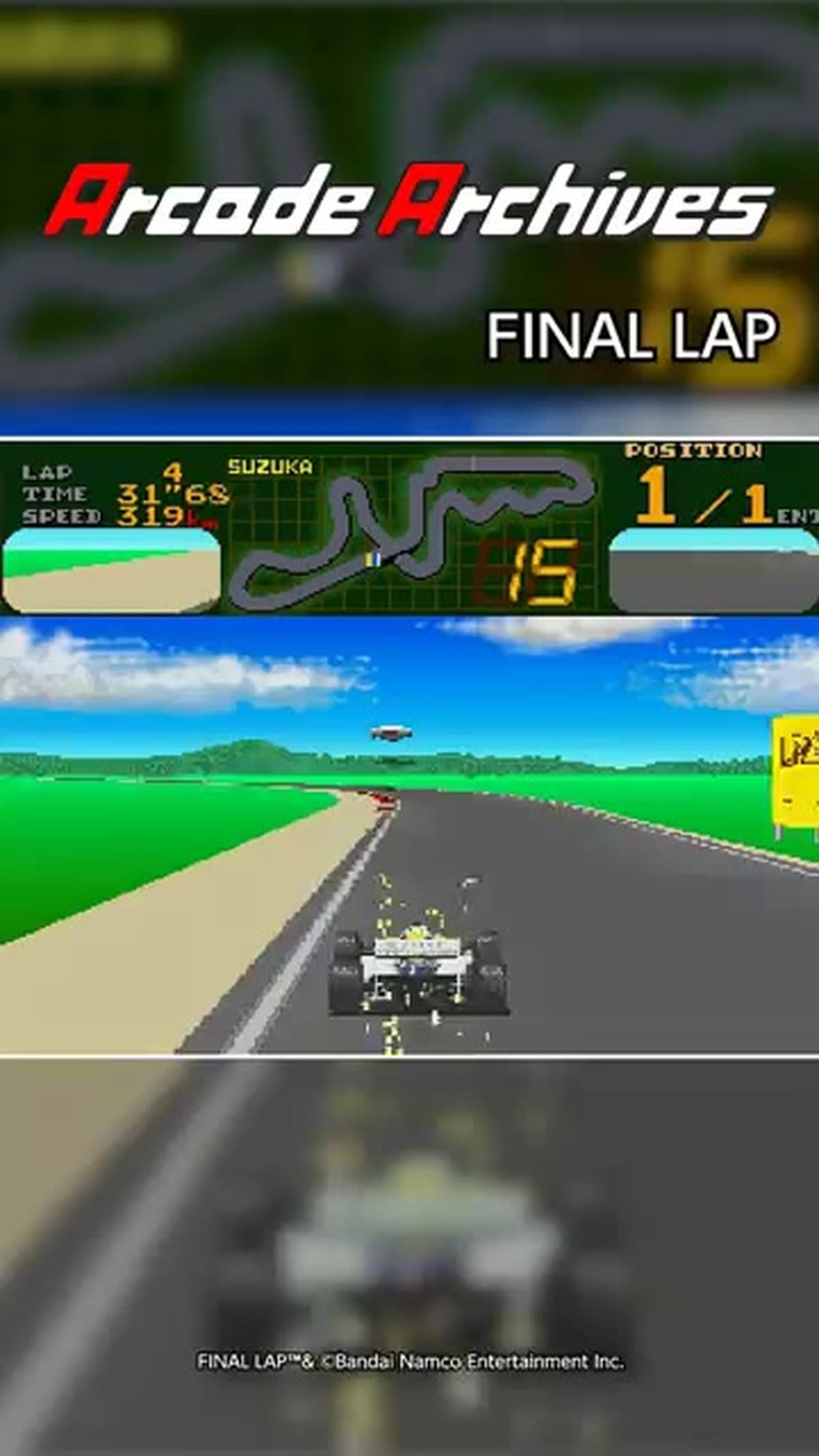 The player's car taking a sharp turn on the Suzuka circuit, showing the classic sprite-scaling graphics and track map.