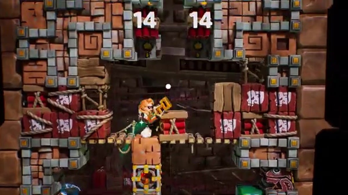 The character solving a math puzzle while dodging fire traps.