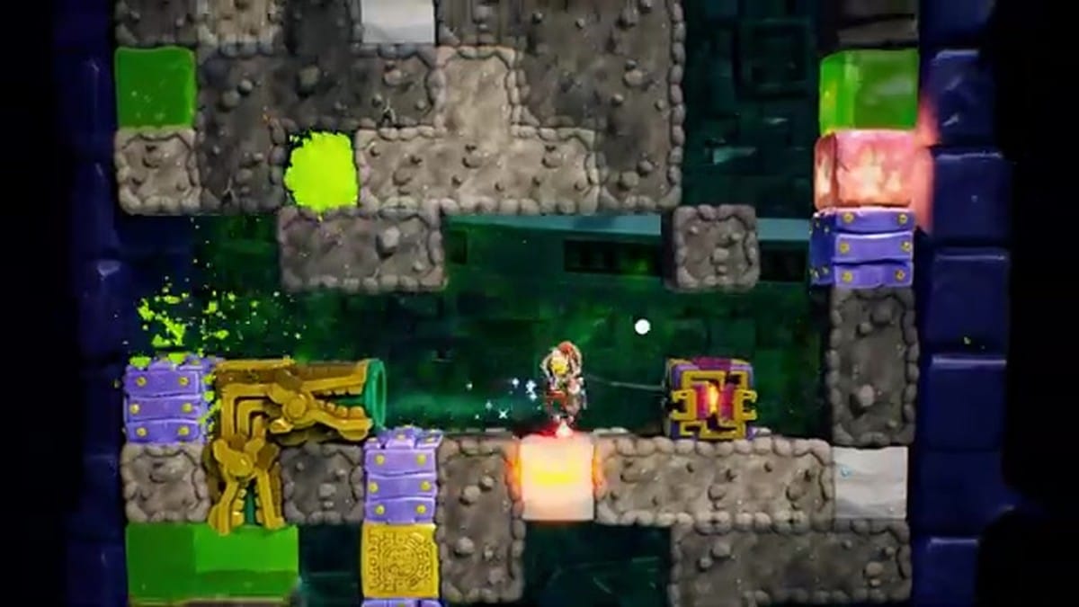 A sequence showing sand blocks turning into glass and lava flowing through the level.