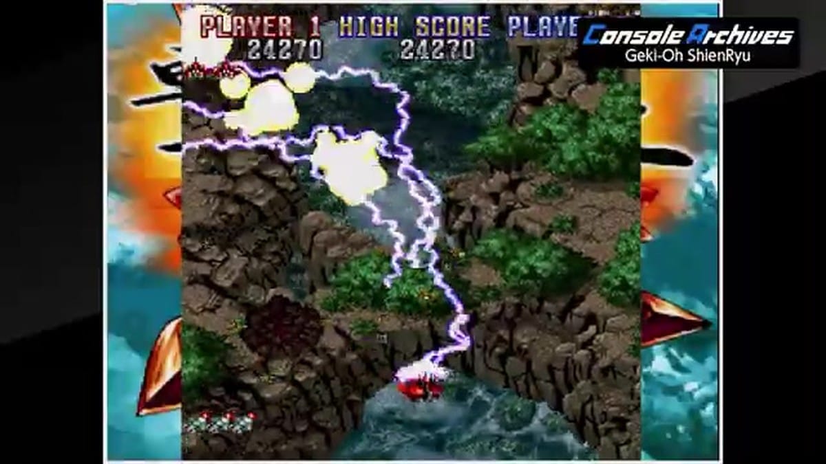 The ship utilizing a powerful homing lightning weapon against multiple enemies.