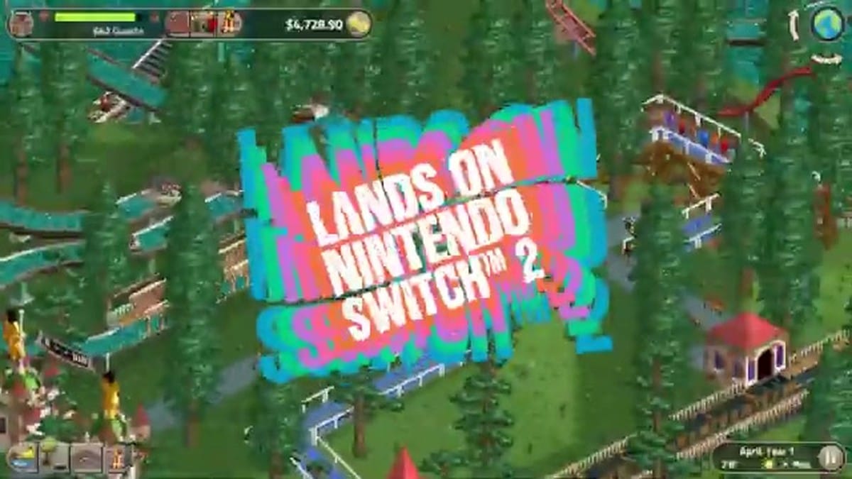 Text overlay confirming the Switch 2 release over a busy park entrance