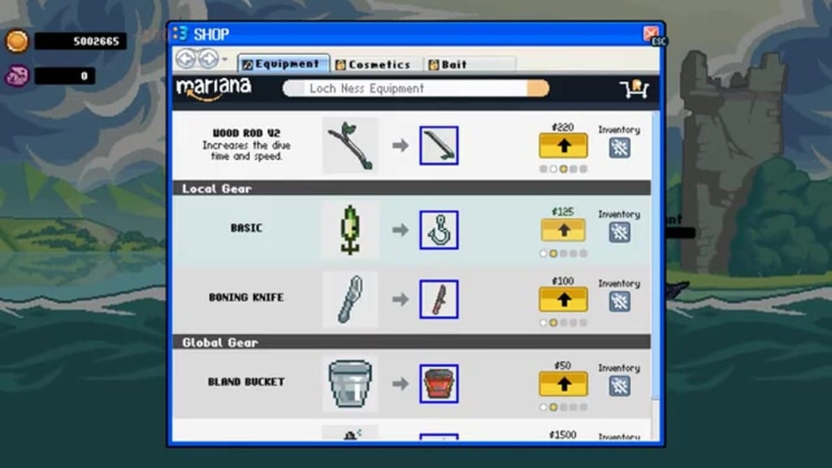 The shop interface showing various equipment upgrades like the 'Wood Rod 92' and 'Boning Knife.'