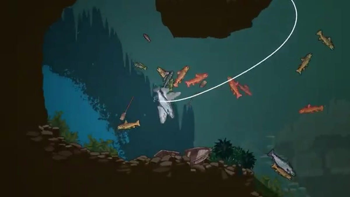 Intense gameplay showing the player harpooning multiple fish simultaneously in a shipwreck area.