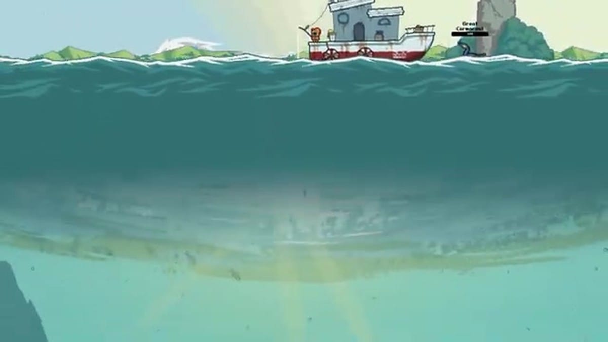 A wide shot of the character diving into a layered ocean environment with several fish visible.