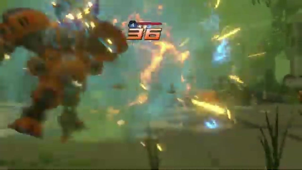 Gameplay footage showing the player's orange mech performing a circular energy attack on an enemy.