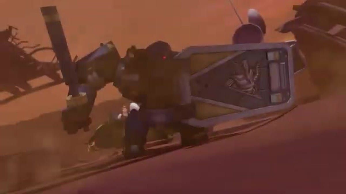 A large blue and black mech with a shield lands on a platform, kicking up dust.
