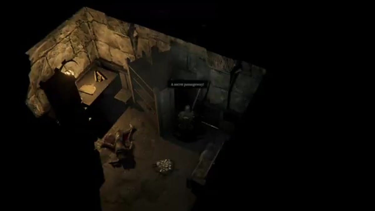 A secret passage opening behind a bookshelf after an interaction.