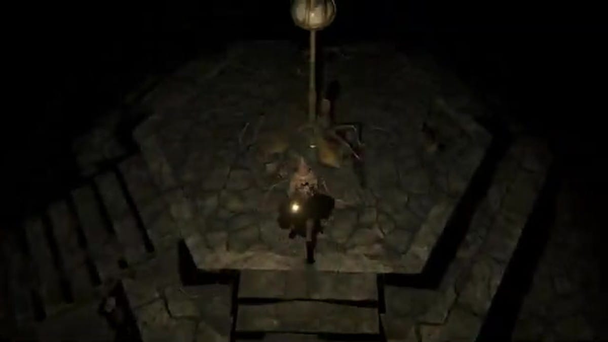 The player character lights a central lamp in a dark chamber surrounded by skeletons.