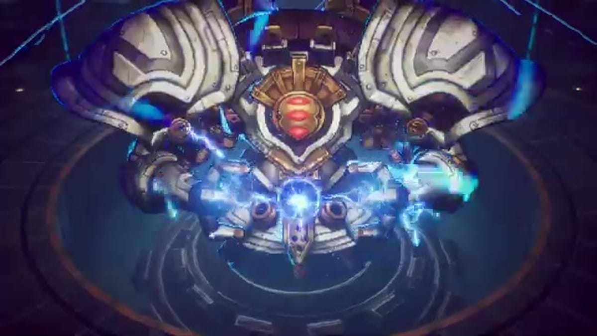 A massive mechanical boss named Maxim Guardis charging up a powerful electrical attack