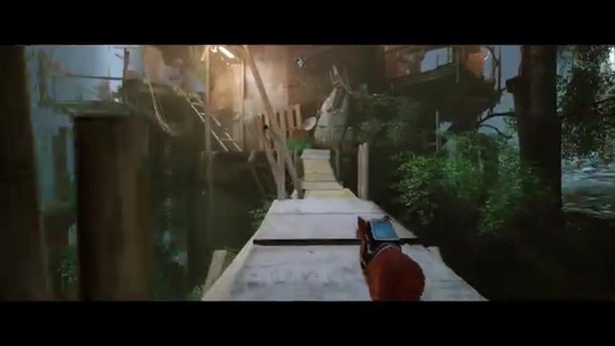 The cat protagonist looking up at a tall robot in a red cloak within a neon-lit city.