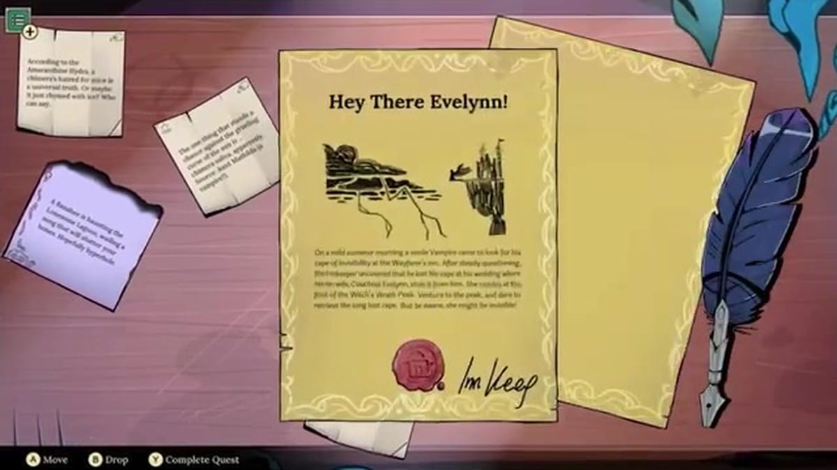 A handwritten quest note titled 'Hey There Evelynn!' signed by the Innkeep.