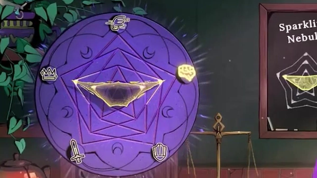The drink mixing interface featuring a magical star-shaped UI and a small purple dragon-like creature.
