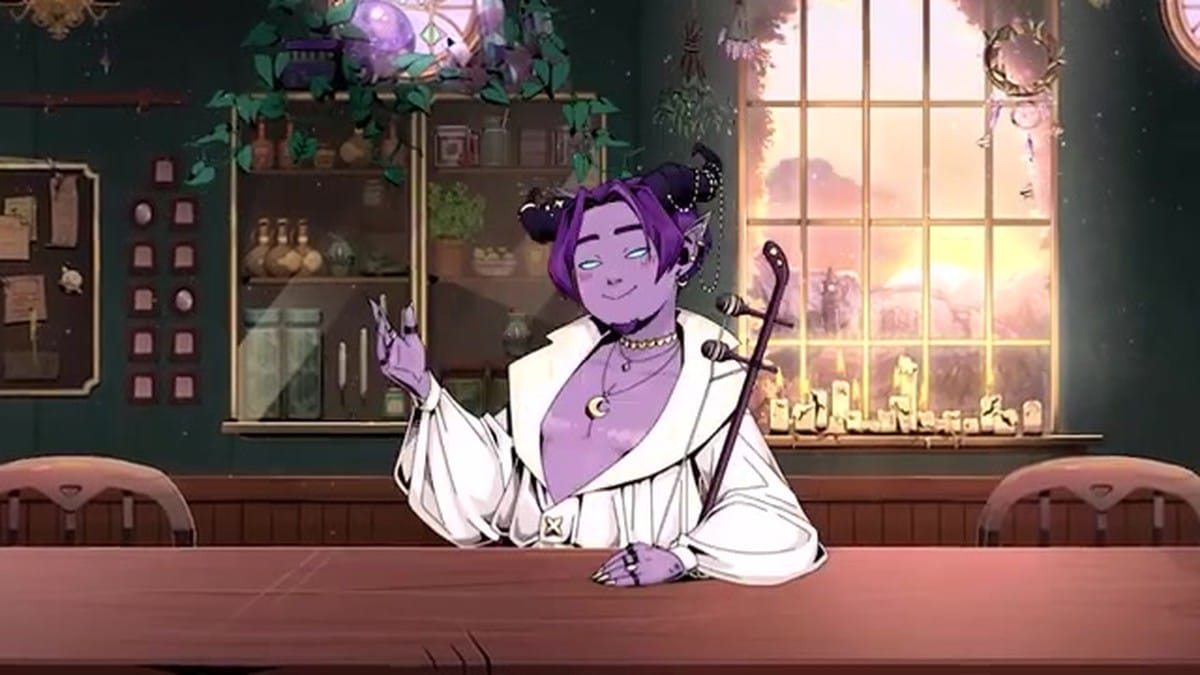 A muscular fantasy character with a skull shoulder pad smiling at the bar.