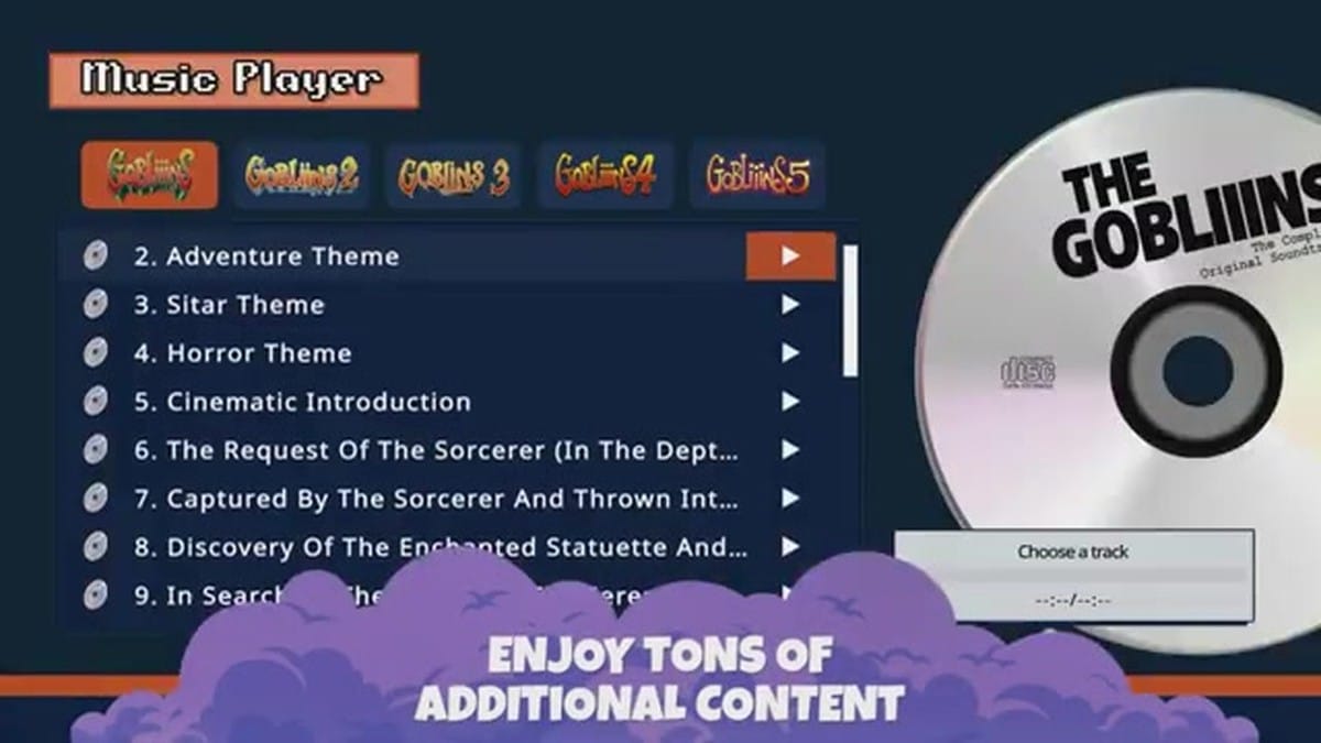 A screen showing the Music Player and The Legend Behind Gobliiins bonus content