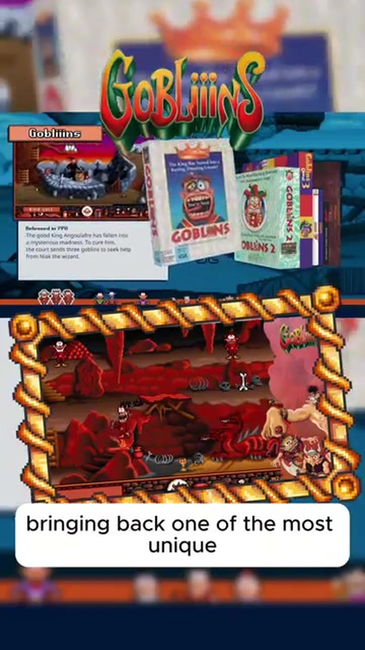 Split-screen showing 1991 Gobliiins gameplay and classic box art