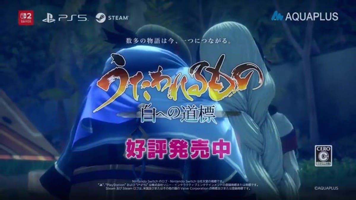 The final title card showing the game logo, supported platforms (Switch, PS5, Steam), and the 'Now on Sale' message.