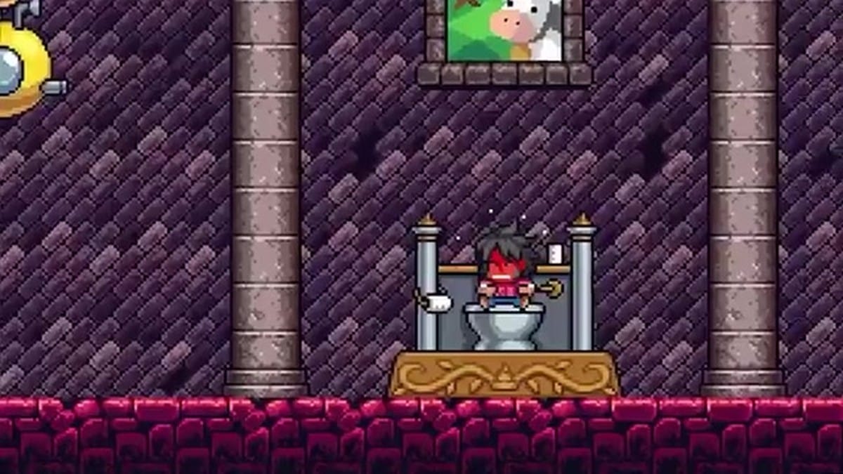 The player character is shown sitting on a toilet that suddenly launches them into the air.