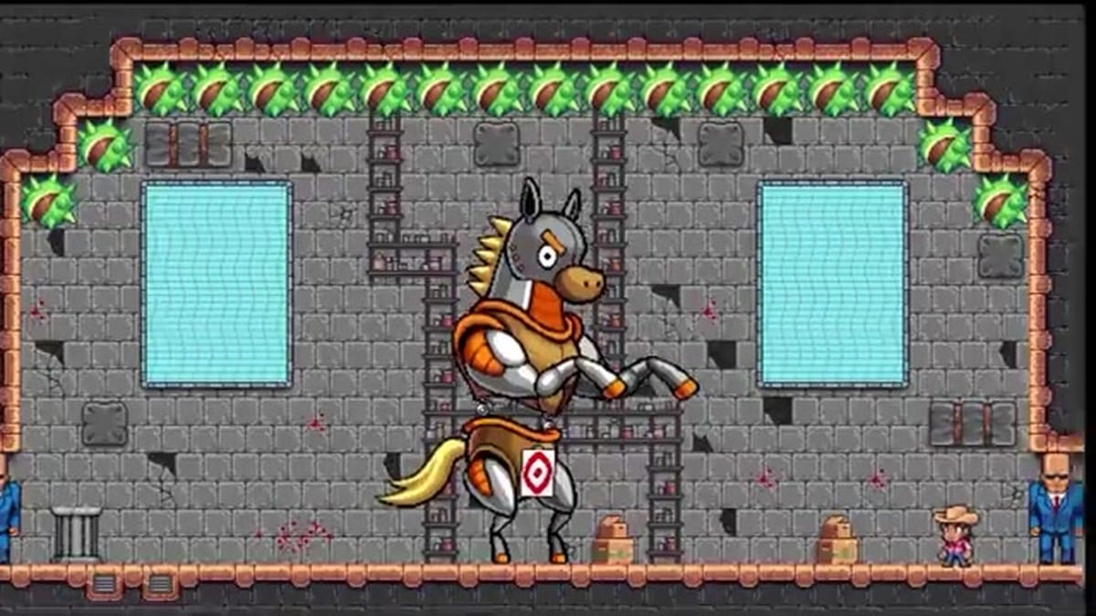 A boss fight against a large, mechanical horse with a target on its chest.