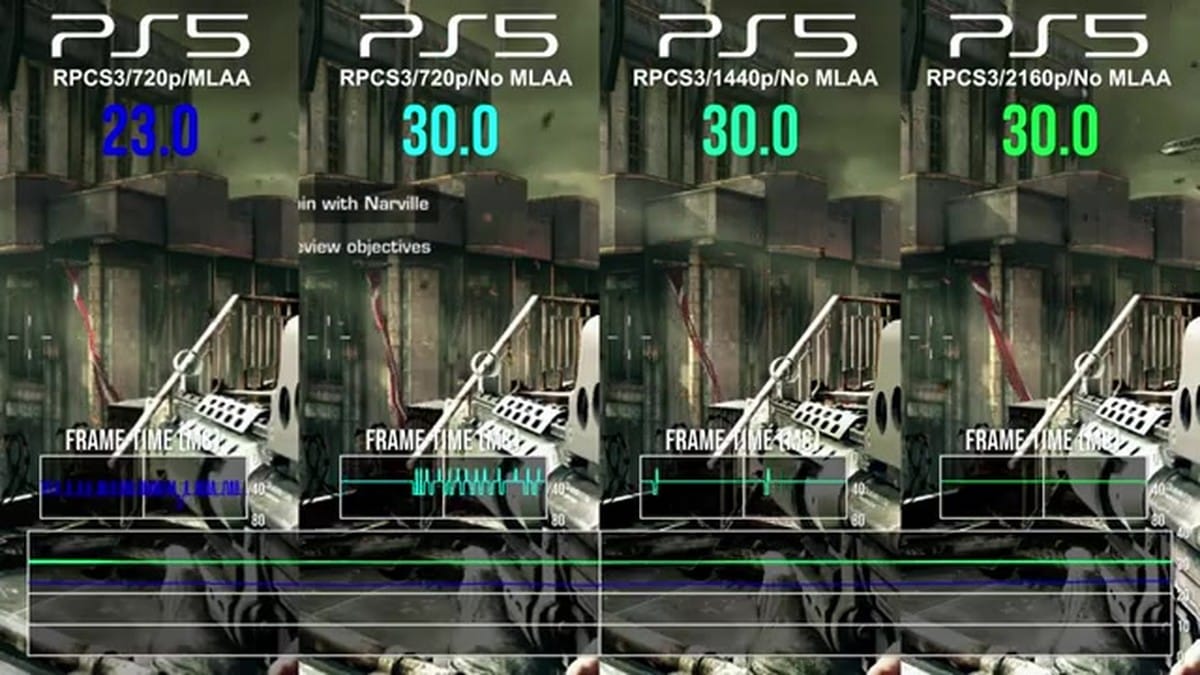 A technical visualization of Killzone 3 running with and without MLAA patches at various resolutions.