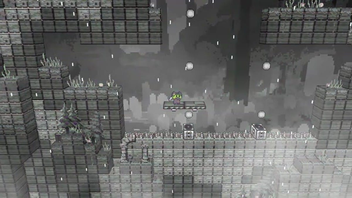The screen turns black and white as the player uses the time control mechanic to navigate obstacles.