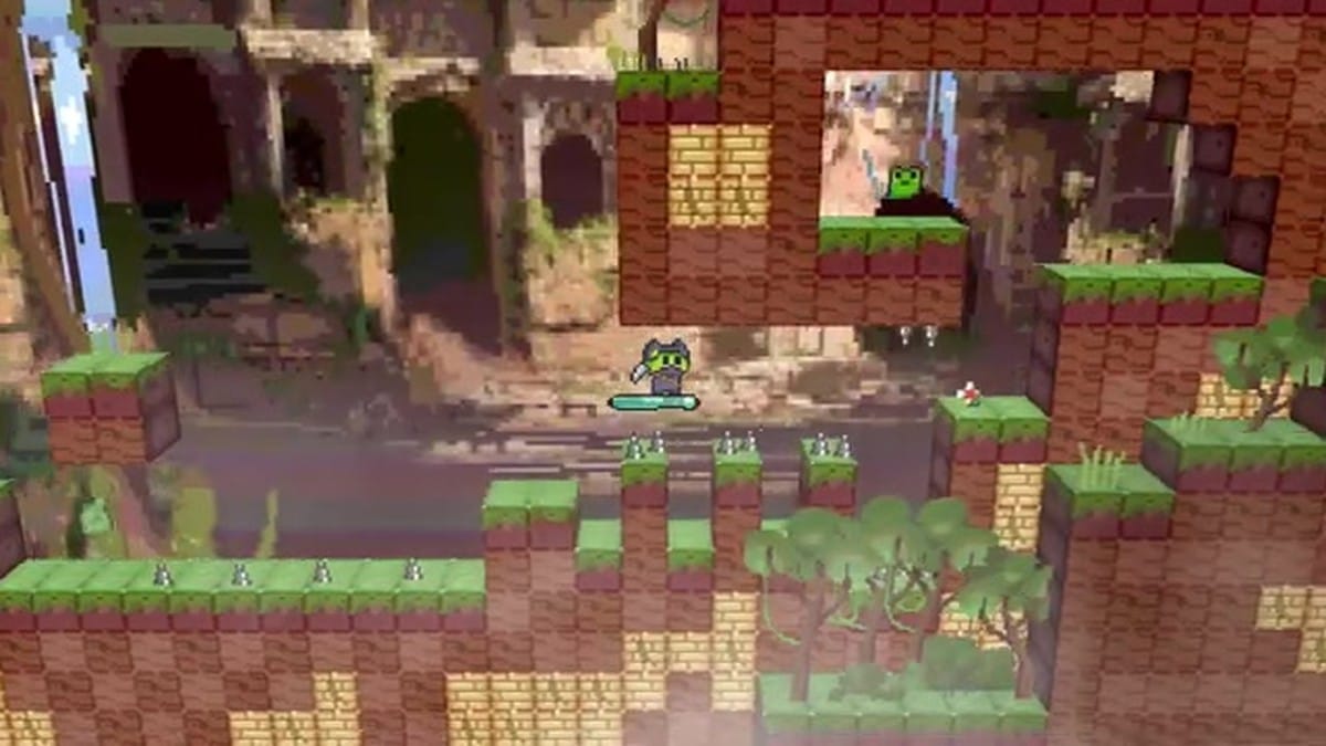 A vibrant jungle level showing the frog character jumping over spikes and navigating platforms.