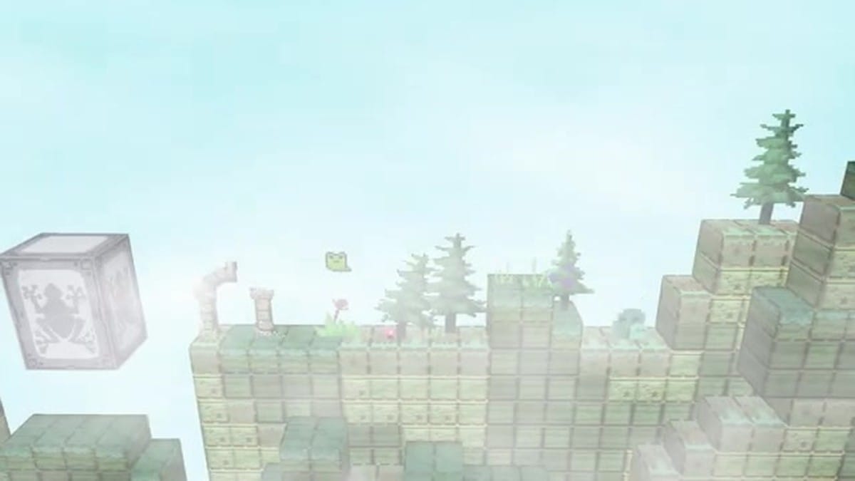The frog protagonist approaches a large, glowing Frog God statue on a floating platform.