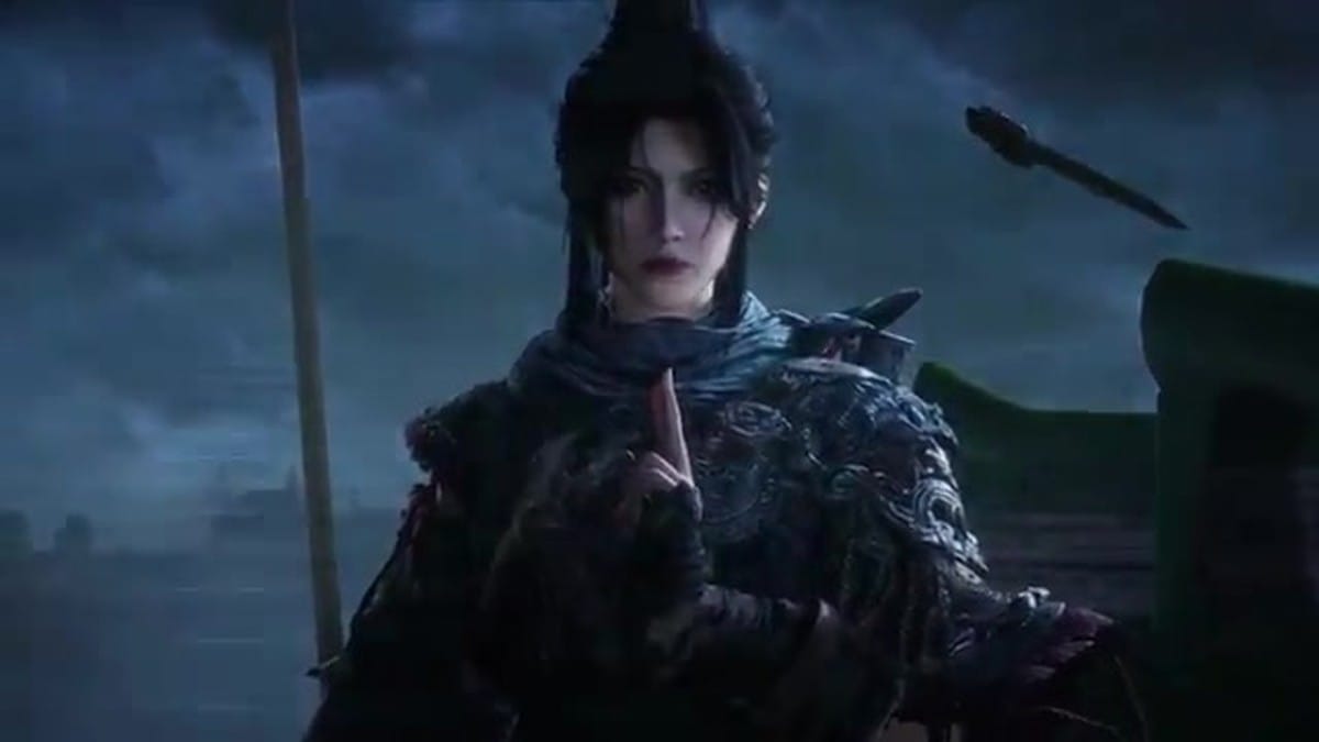 Intense sword-fighting gameplay between two characters on a green-tiled rooftop at night.