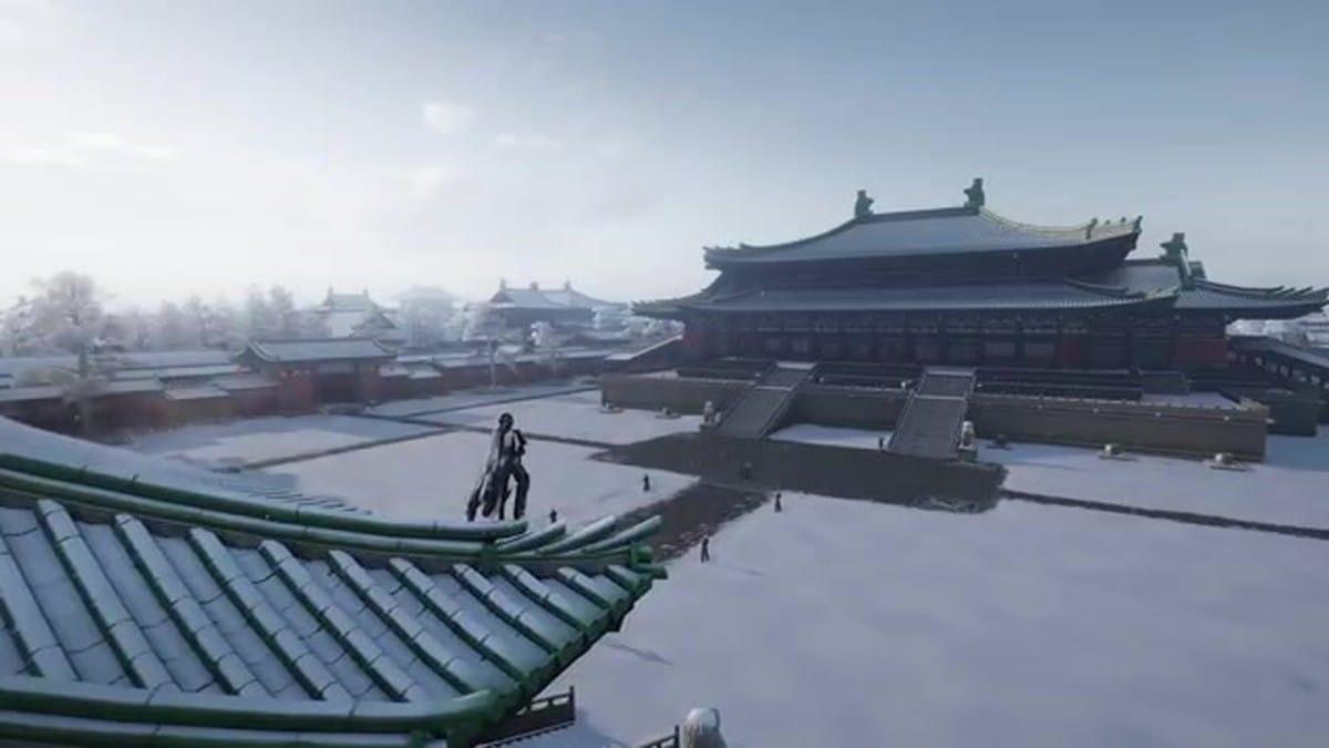 A sweeping cinematic view of the snow-covered Imperial Palace architecture.