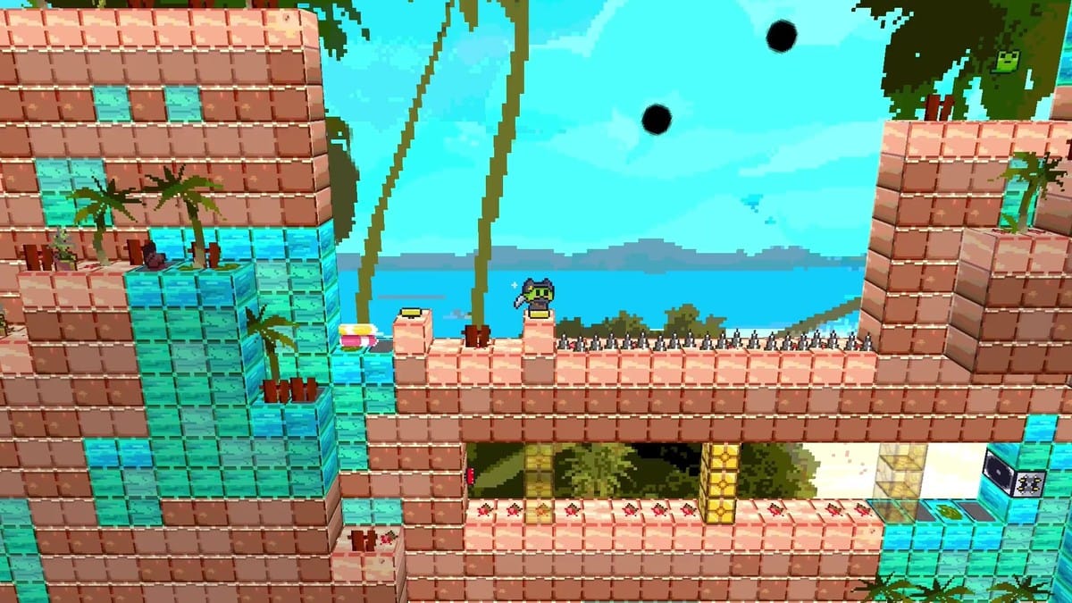 Froggina navigating a vertical shaft filled with spikes using precise platforming.