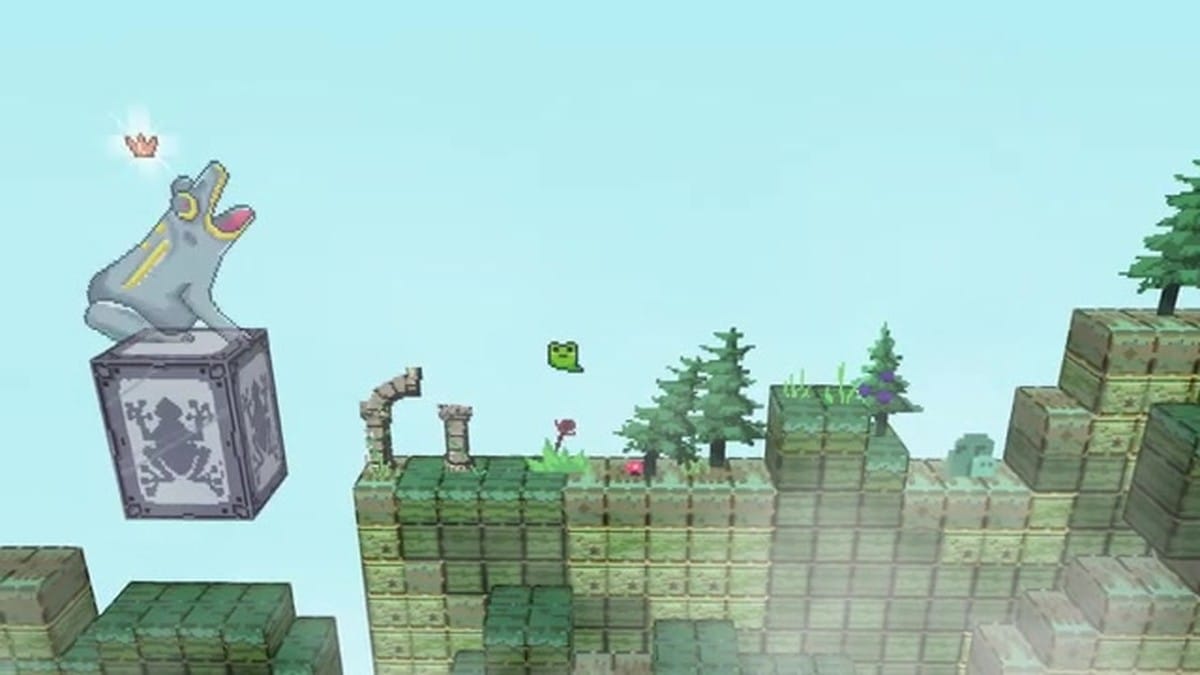 A large, glowing statue of the 'Almighty Frog God' on a floating platform.