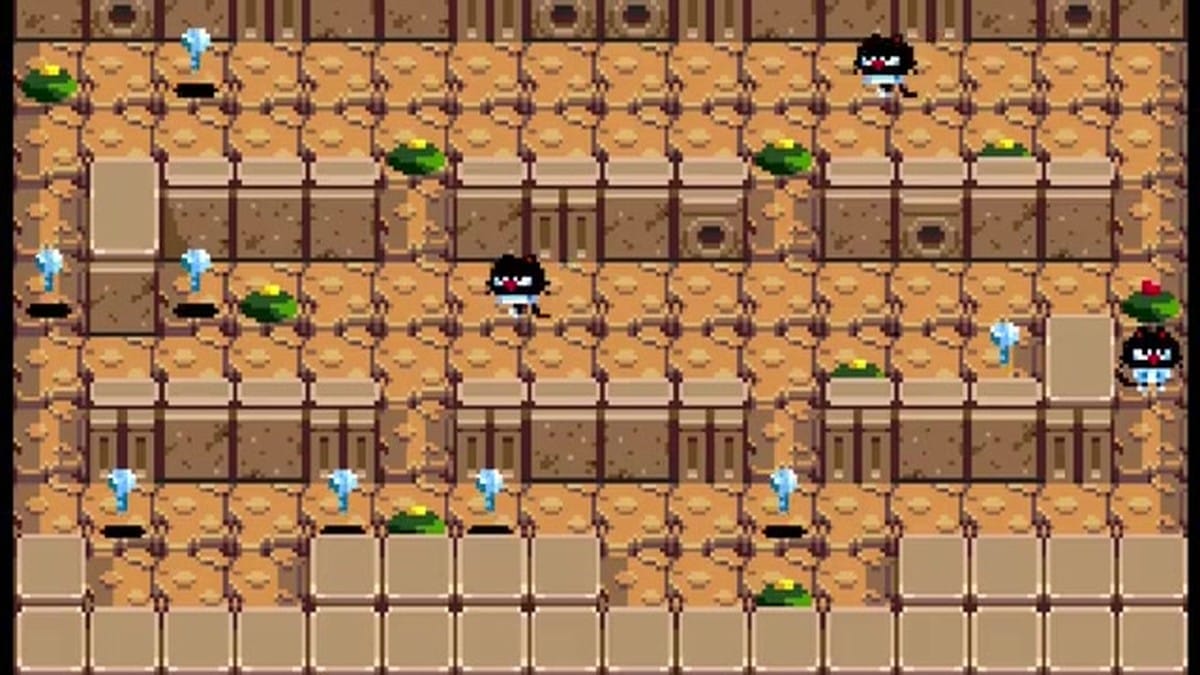 A ghost-like enemy pursues the cat through a brown, rocky corridor.